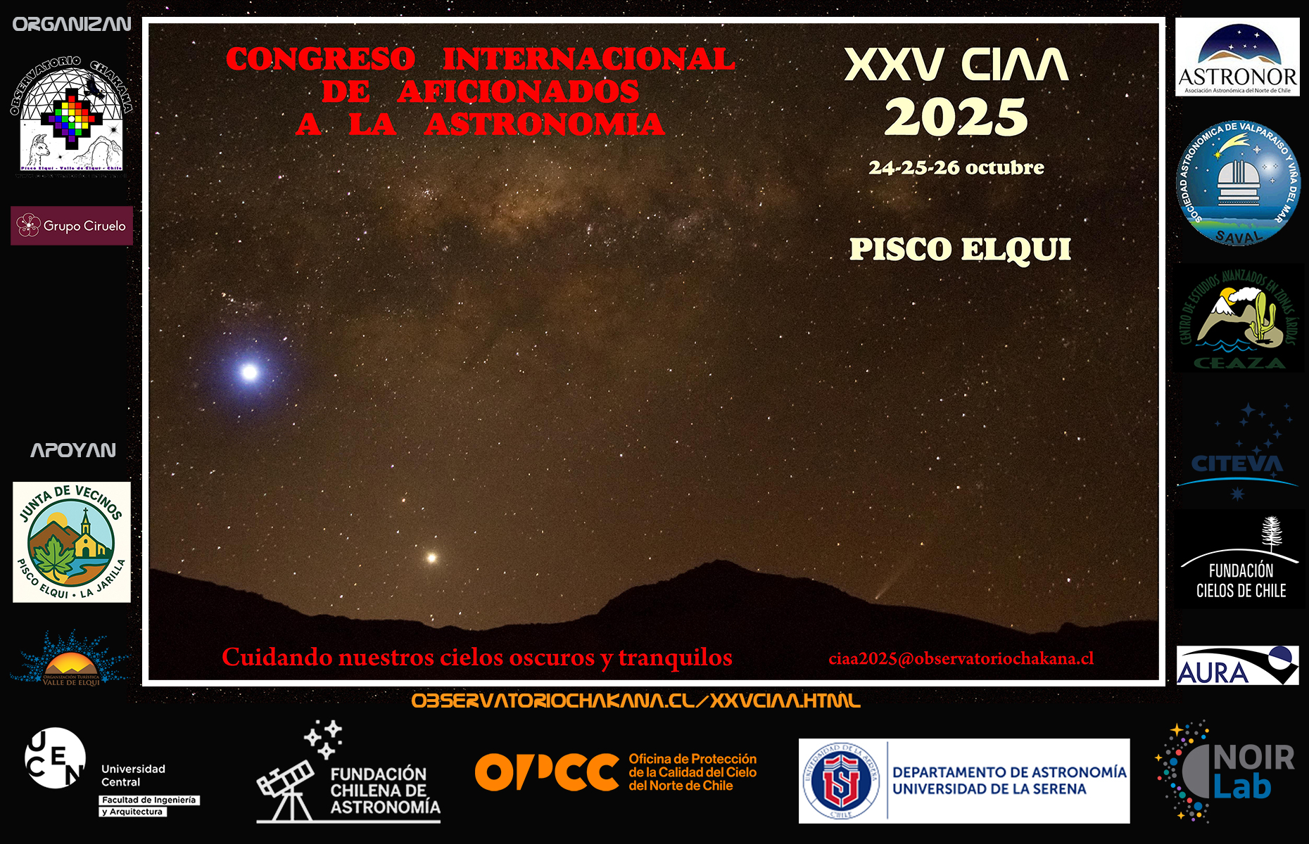 Afiche oficial del XXV Congreso Internacional de Aficionados a la Astronomía 2025 en Pisco Elqui